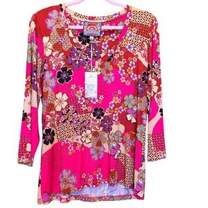 NWT Johnny Was Bamboo Viscose Fuchsia and Tan Floral Print Top Long Sleeve sz M